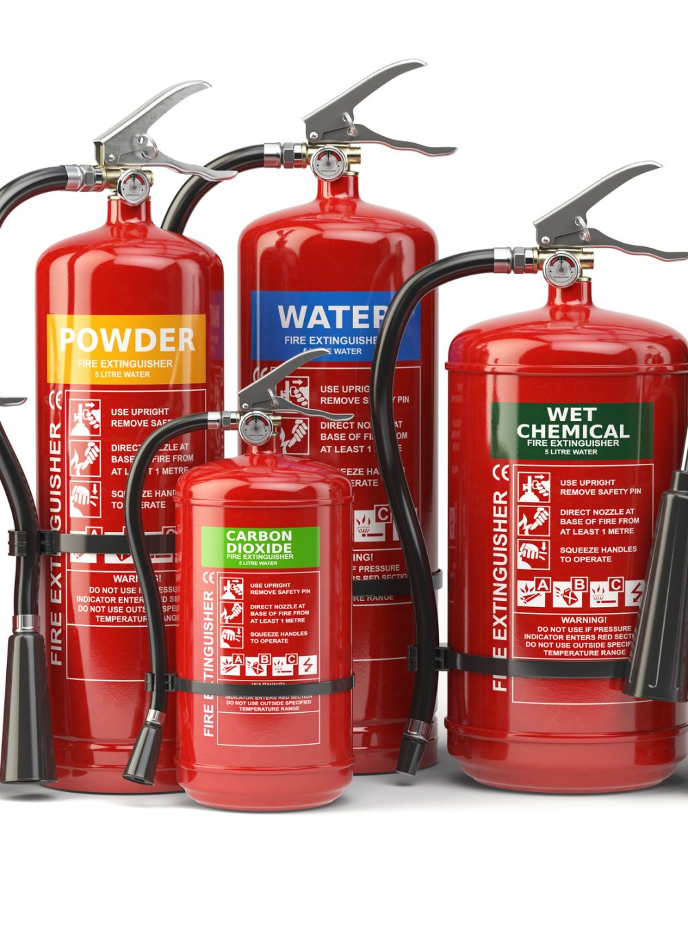Fire extinguishers isolated on white background. Various types o