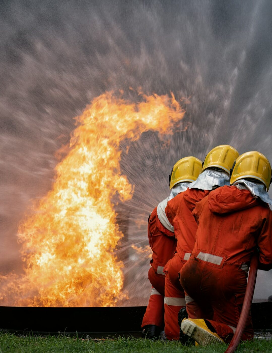 fire fighter team on training with gas and oil fire hold hose spray jet water spray to extinguish